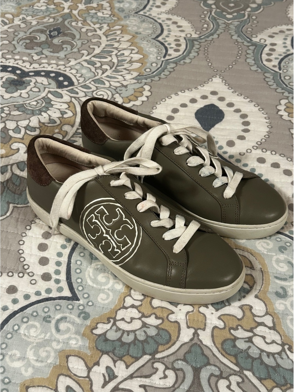 Tory Burch Gray Heron Leather Sneakers with Suede Heel
